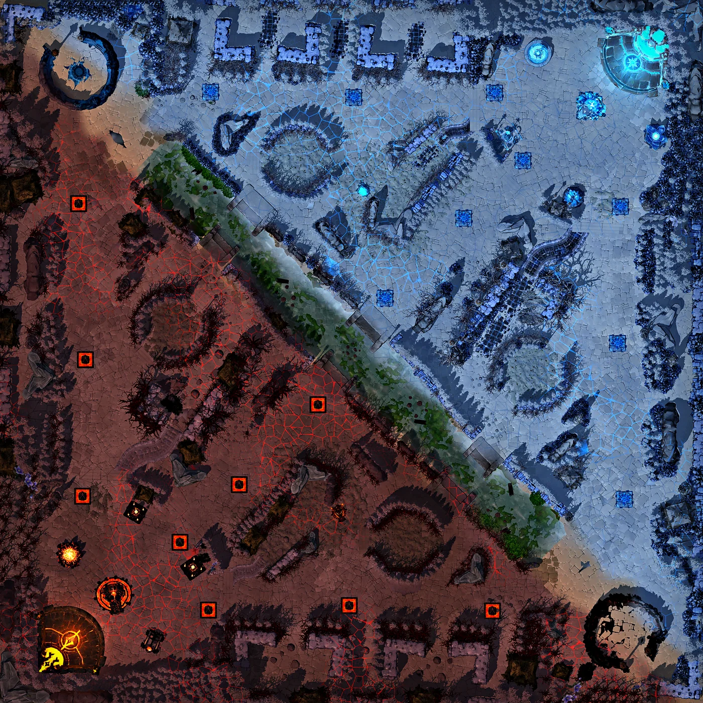 The Battle For Giostone map seen from above: Deccan bottom-left, Glacic top-right, three lanes and the river between Gio's two pits
